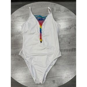 Bleu Rod Beattie White One Shoulder Swimsuit Rainbow Strap Cutout Size 14